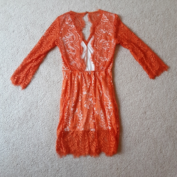 NWOT Short Lace Bright Coral Mini Dress - Picture 4 of 7